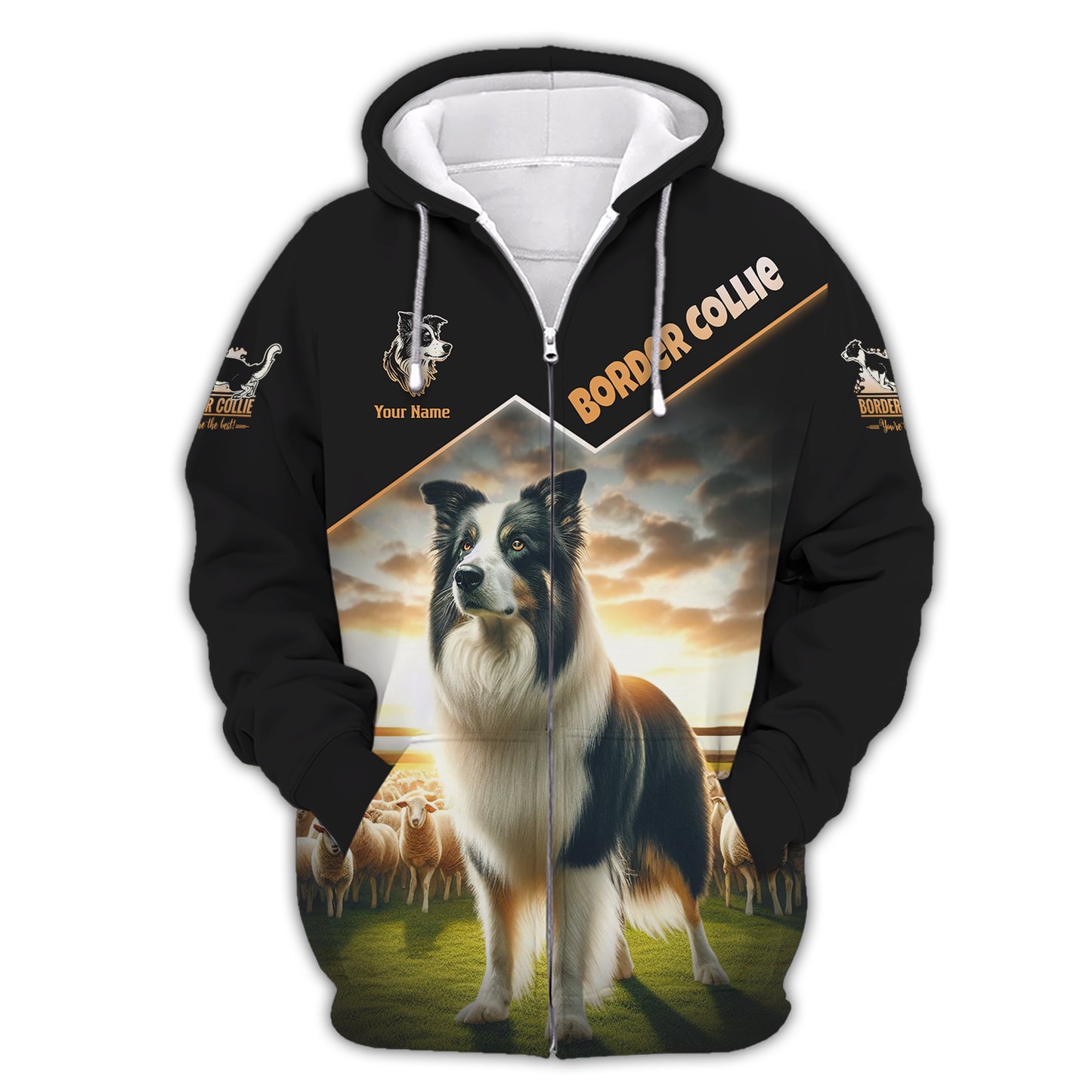 Custom Name Border Collie Zip Hoodie - Scenic Sheepdog Graphic