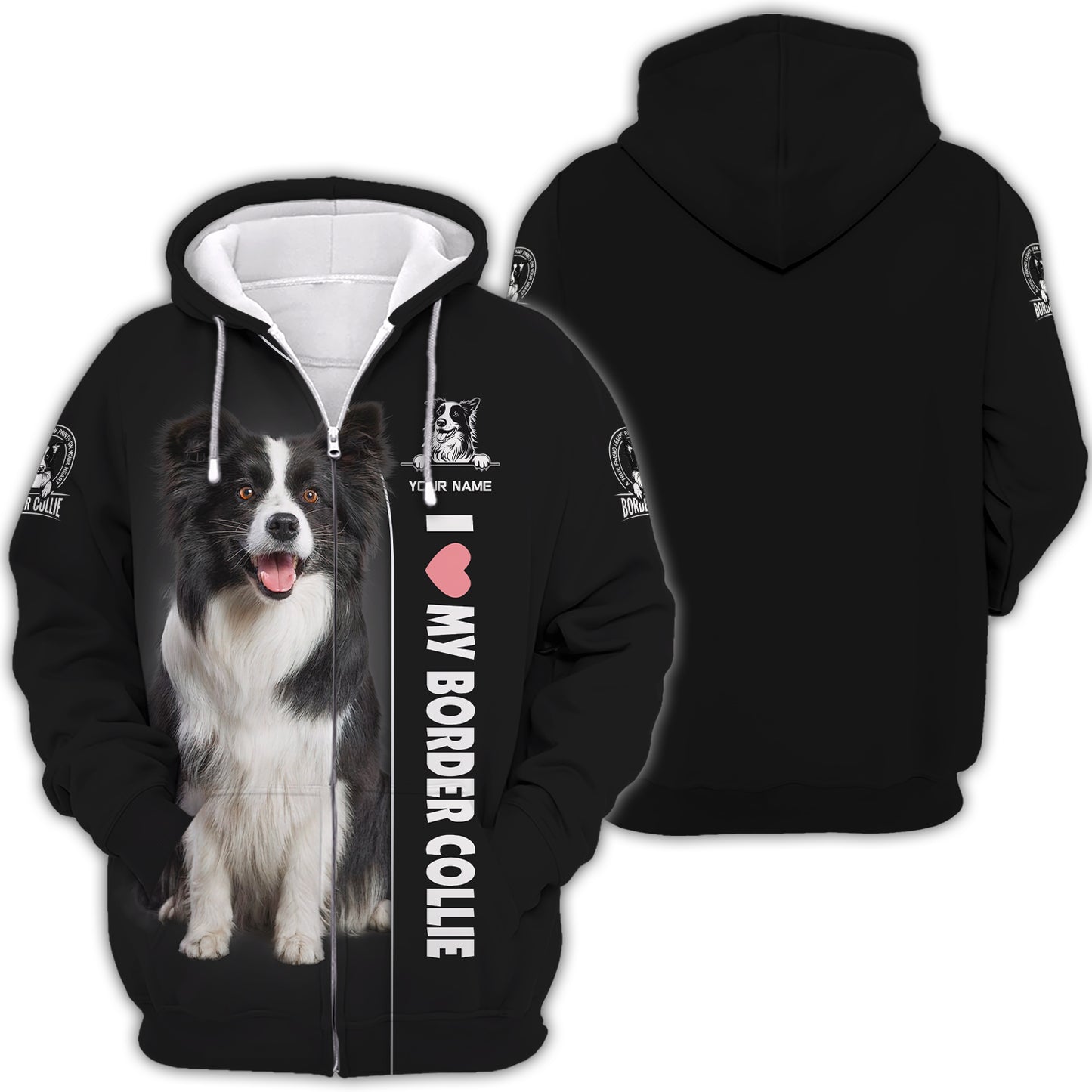 Personalized Name Border Collie Zip Hoodie - Cozy Pet Lover Style