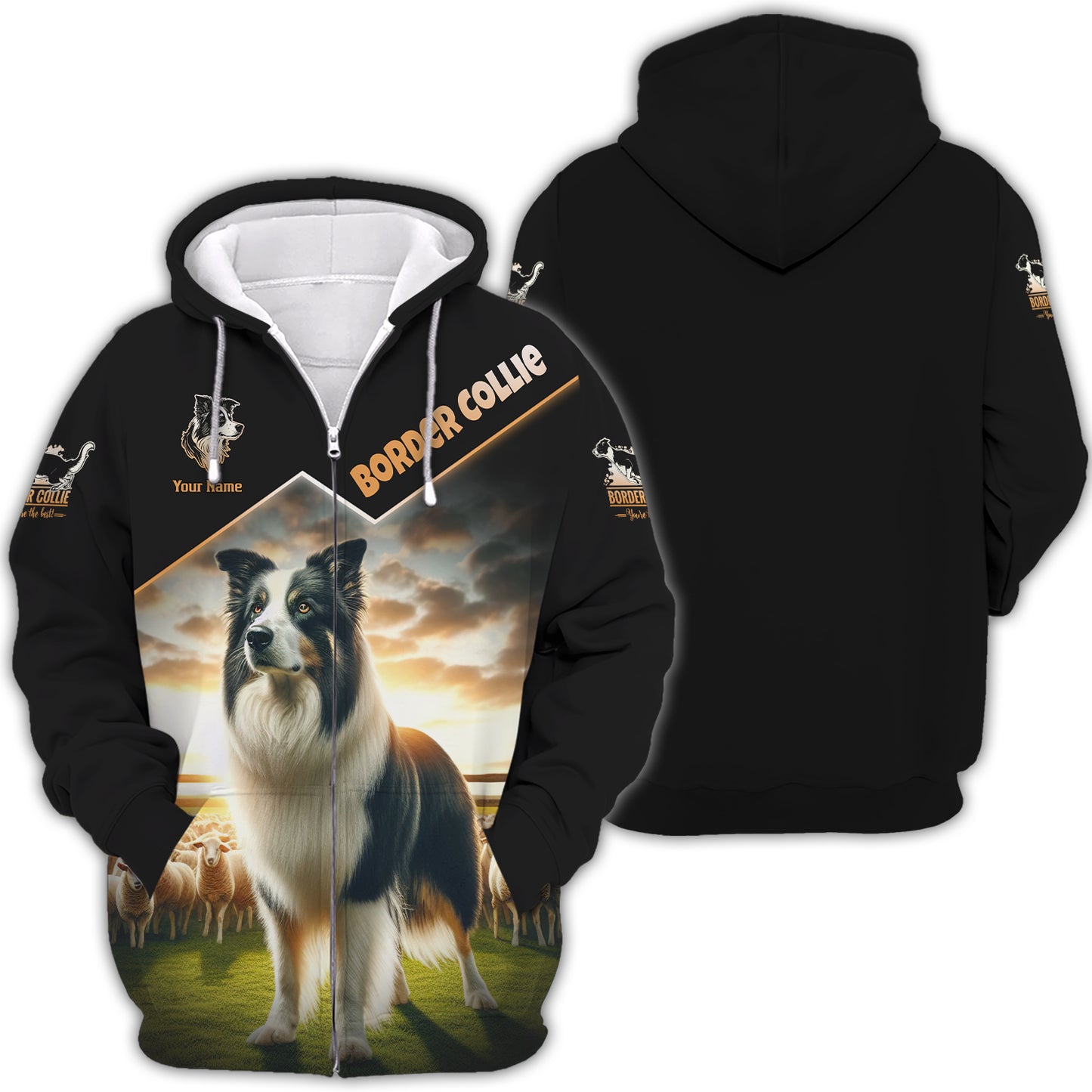 Custom Name Border Collie Zip Hoodie - Scenic Sheepdog Graphic